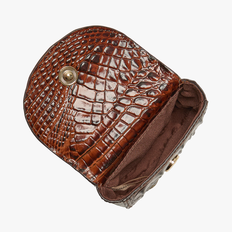 Open top view of a small brown crocodile-embossed leather handbag with a gold-tone chain handle and a round gold-tone front clasp, photographed on a clean white background.