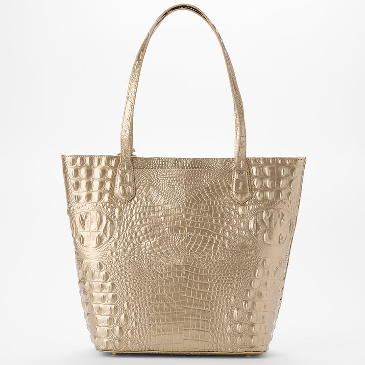 BRAHMIN Laurel tote bag in gold croc-embossed leather with dual top handles, structured rectangular silhouette, and gold-tone hardware, displayed on a white background.