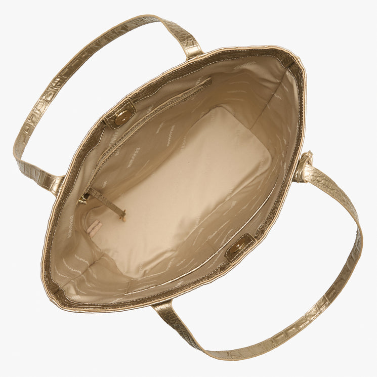 Top view of Brahmin Laurel tote in gold with croc-embossed texture, structured silhouette, dual textured handles, beige lining, key strap, and interior side pocket. Spacious and elegant handbag for everyday use.