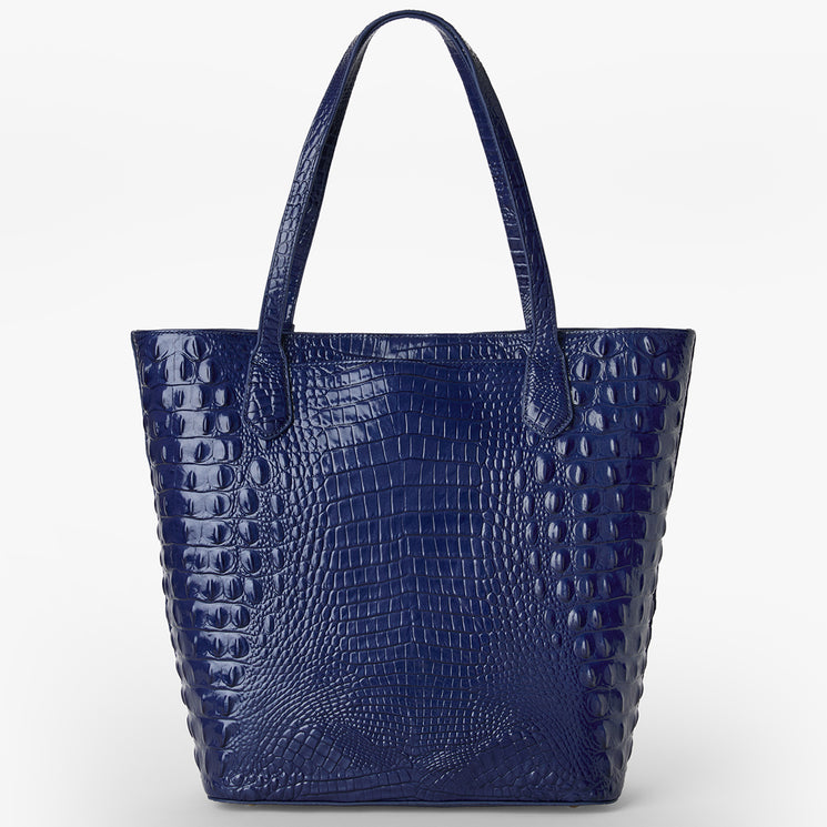 BRAHMIN Laurel tote bag in Midnight Blue Melbourne with croc-embossed texture, structured silhouette, two long shoulder straps, and gold-tone hardware, shown upright against a white background.