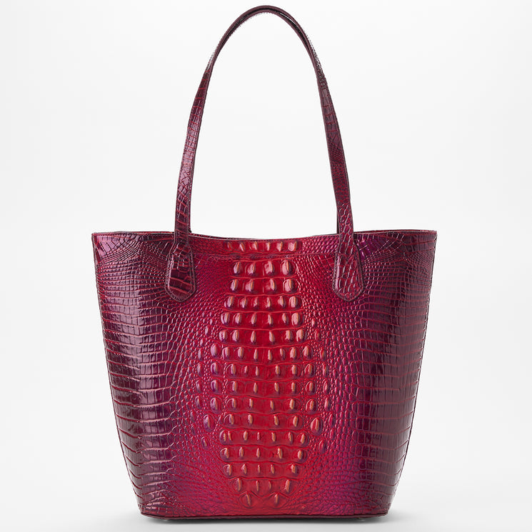BRAHMIN Laurel Ruby Ombre Melbourne tote bag with embossed textured pattern, two top handles, structured silhouette, gradient red coloration, and gold-tone hardware shown on a plain white background.
