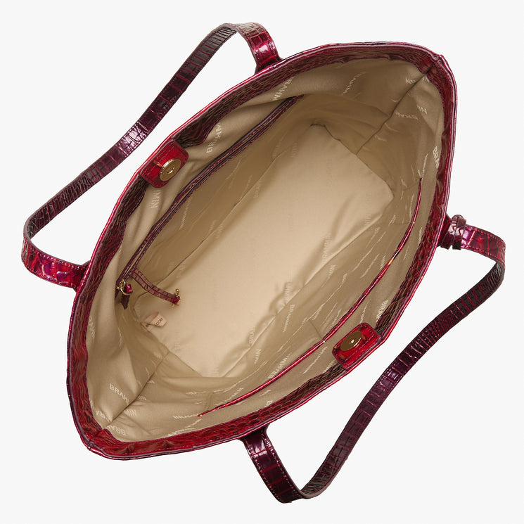 BRAHMIN Laurel tote in Ruby Ombre Melbourne, top view showing textured handles, beige lining, zip pocket, open compartment, and structured silhouette on a white background.