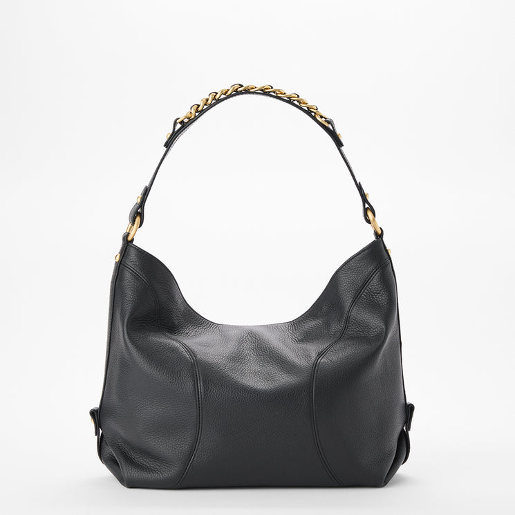 Brahmin black hobo bag with a gold-tone chain handle, textured surface, and curved top silhouette. No visible branding or embellishments. Set against a plain white background, shown in front view.