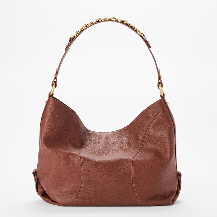 Brahmin brown hobo bag with a gold chain-accented handle, featuring soft textured leather, slouchy relaxed silhouette, and visible stitching, shown on a plain white background.