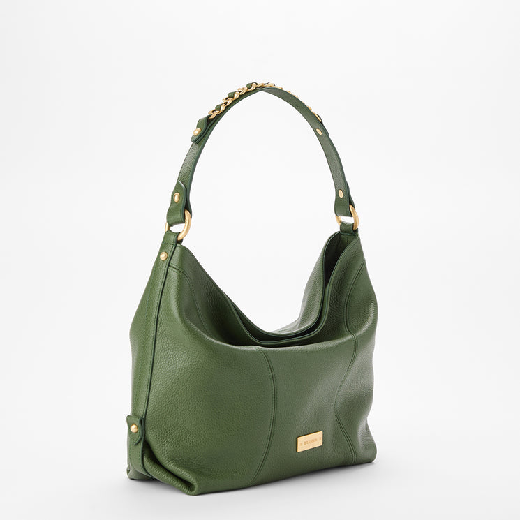 Brahmin green leather handbag with a curved top handle and gold hardware, including a small gold brand plaque on the front lower corner. Shown on a plain white background.