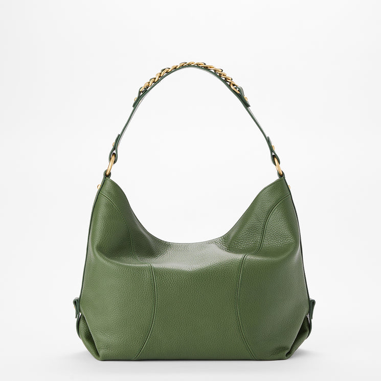 Brahmin green hobo handbag with gold chain and leather shoulder strap, subtle stitching, textured finish, and gently curved silhouette, shown on a white background.