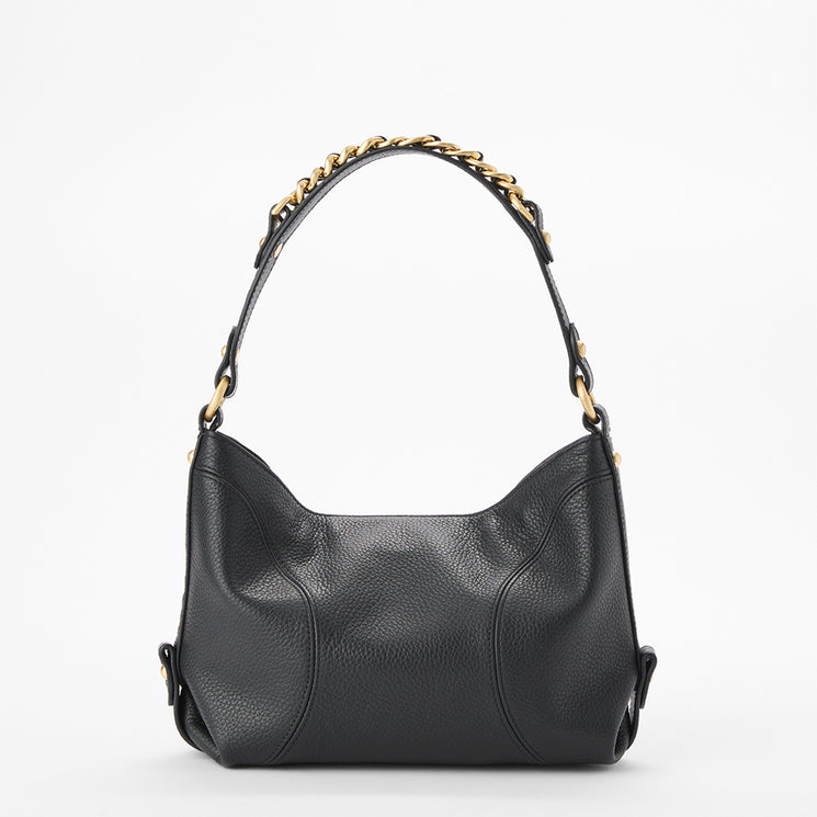 Brahmin black handbag with short top handle, gold chain accents, structured silhouette, smooth texture, and subtle shine. Shown on a plain white background. Handle suitable for hand or elbow carry.