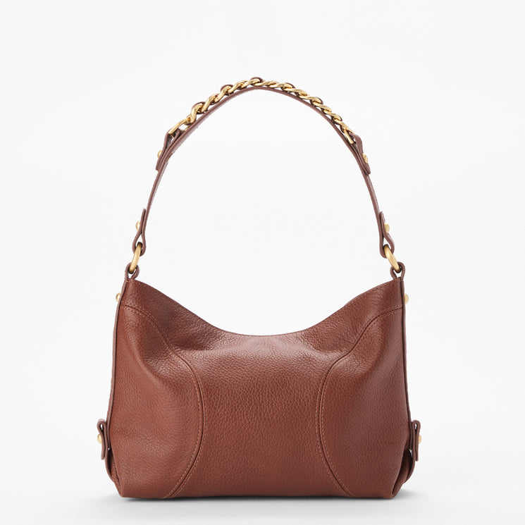Brahmin brown leather handbag with a curved silhouette, gold chain and leather strap, pebbled texture, subtle stitched detailing, shown on a plain white background. Suitable for shoulder or hand carry.