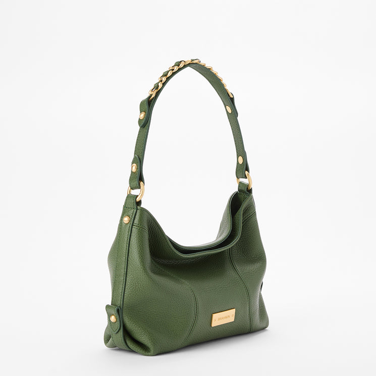 An olive green pebbled leather hobo shoulder bag with gold-tone hardware, a chain-link accent on the strap, and a small gold brand plaque on the front, shown against a plain white background.