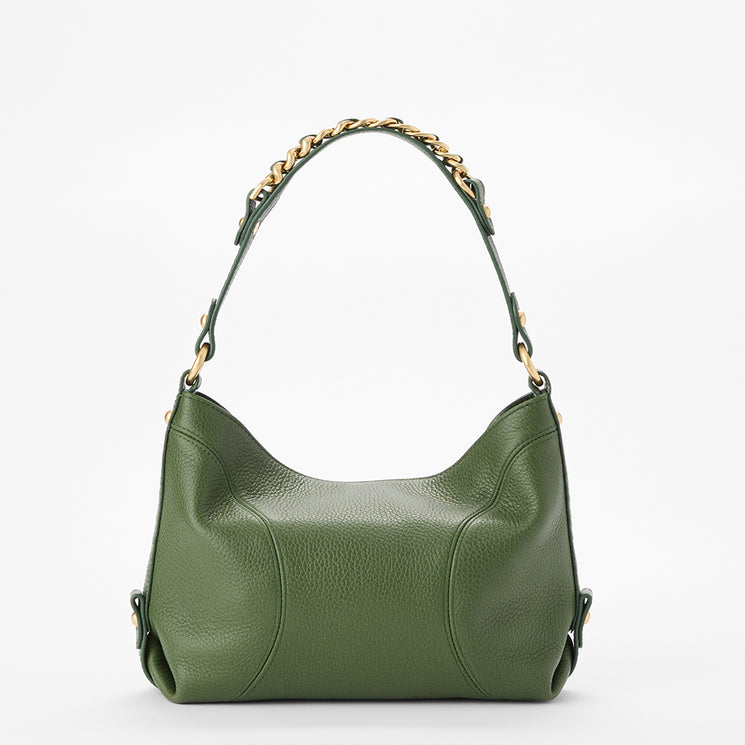 An olive green pebbled leather hobo handbag with a gold-tone chain detail on the shoulder strap, shown against a plain white background.