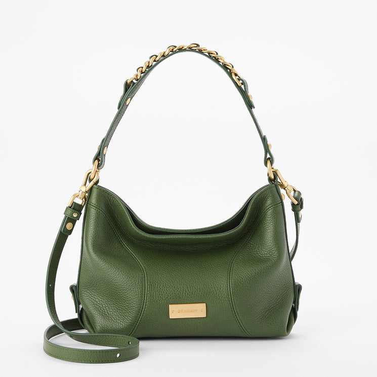 An olive green pebbled leather hobo shoulder bag with a gold-tone chain detail on the top handle and a small gold brand plaque on the front, shown against a plain white background.