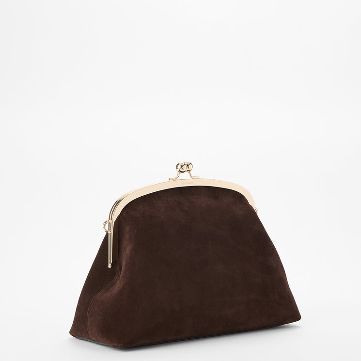 A dark brown suede kiss-lock clutch bag with a gold-tone metal frame, shown on a clean white background.