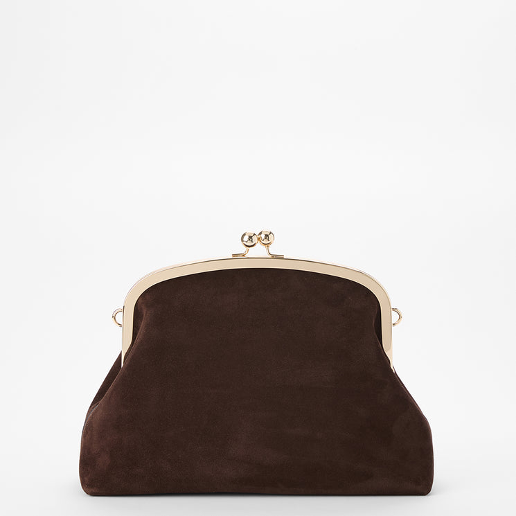 A dark brown suede kiss-lock clutch bag with a gold-tone metal frame and clasp, shown against a plain white background.
