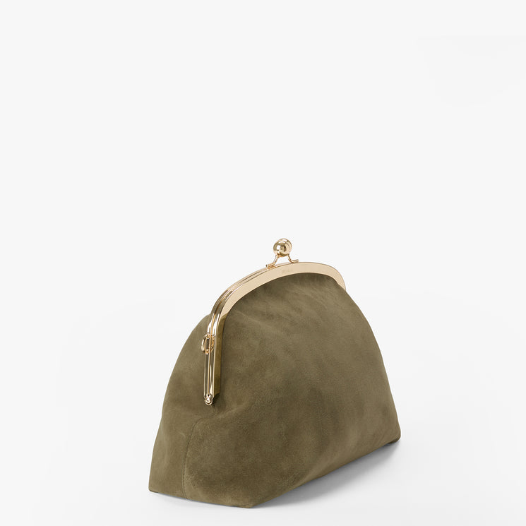 An olive green suede kiss-lock clutch bag with a gold-tone metal frame and clasp, photographed on a clean white background.