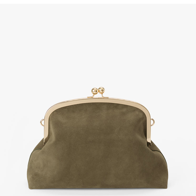 An olive green suede kiss-lock clutch bag with a gold-tone metal frame and clasp, shown against a plain white background.