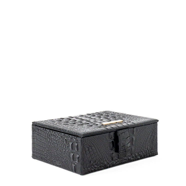 BRAHMIN Small Box bag in black croc-embossed leather with a structured silhouette, silver-tone clasp hardware, and no visible strap, shown closed on a white background.