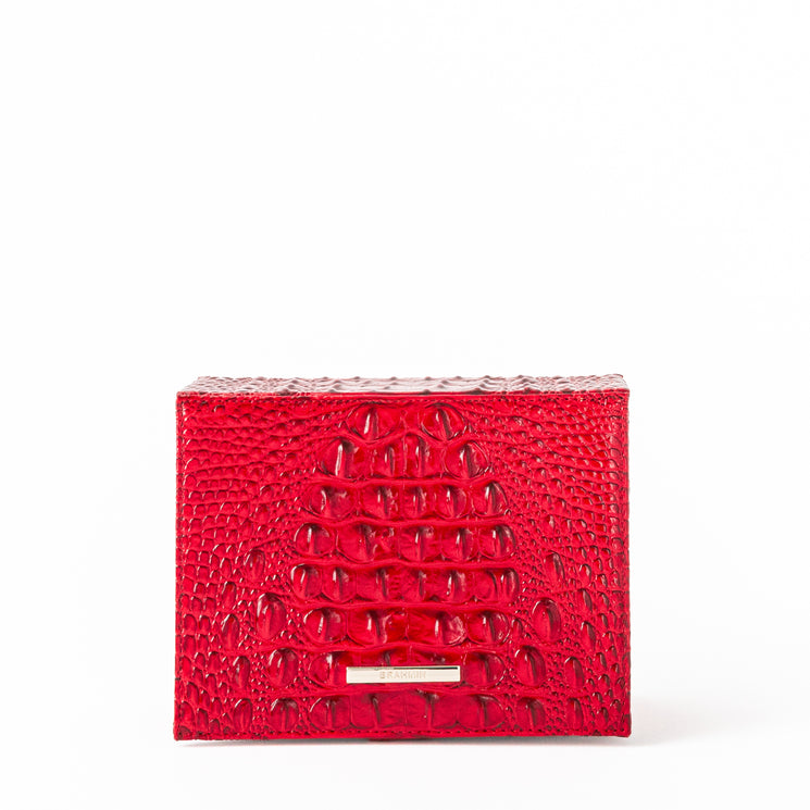 BRAHMIN Small Box wallet in red croc-embossed leather, rectangular silhouette with front metal nameplate, compact design, displayed on a plain white background.