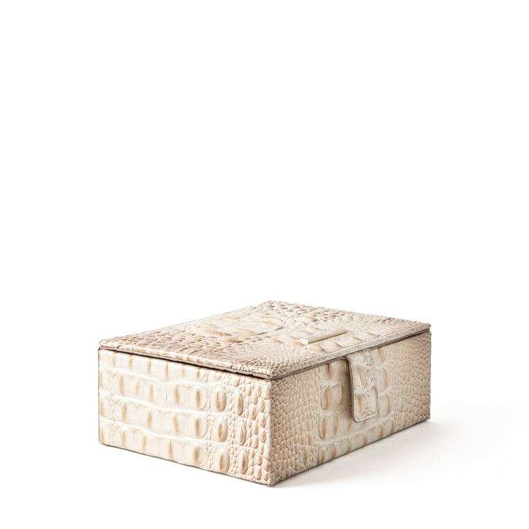 BRAHMIN Small Box in beige croc-embossed leather with a structured silhouette, magnetic snap closure, and gold-tone hardware, shown on a white background.