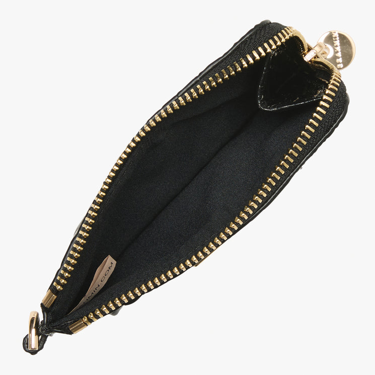 A black croc-embossed leather crossbody pouch with a long black strap and gold-tone hardware, shown against a plain white background. Open view