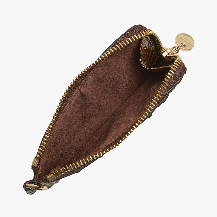 A dark brown crocodile-embossed leather pouch with a matching wrist strap and gold-tone hardware, shown against a plain light gray background. Open view.