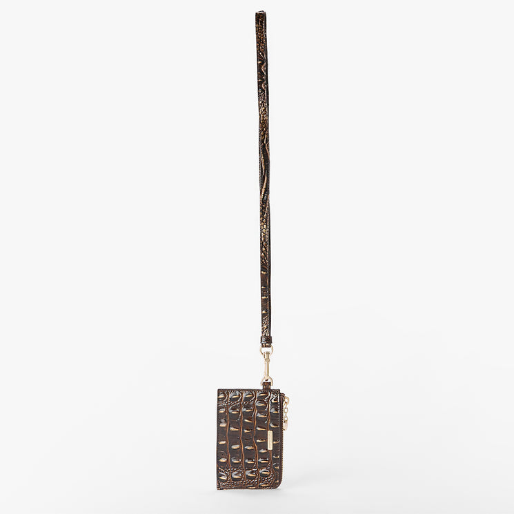 A dark brown crocodile-embossed leather pouch with a matching wrist strap and gold-tone hardware, shown against a plain light gray background. Front view and strap view.