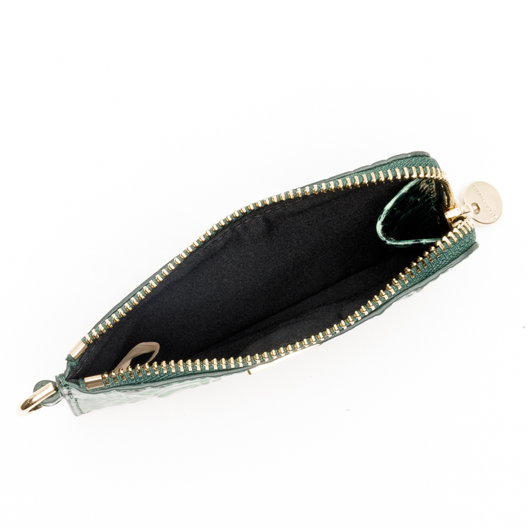 Open green Brahmin Esther coin purse featuring an embossed texture, gold-toned zipper, and pull.