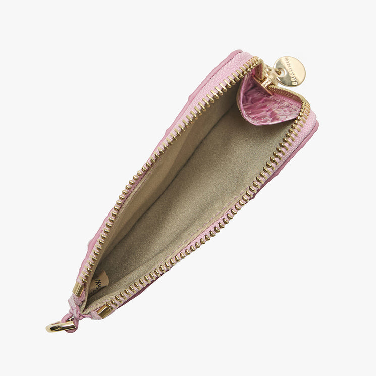 Brahmin small pink zippered pouch with gold hardware, open to show beige interior lining. Features a gold round zipper pull and structured silhouette. Interior is spacious; no visible straps or patterns.