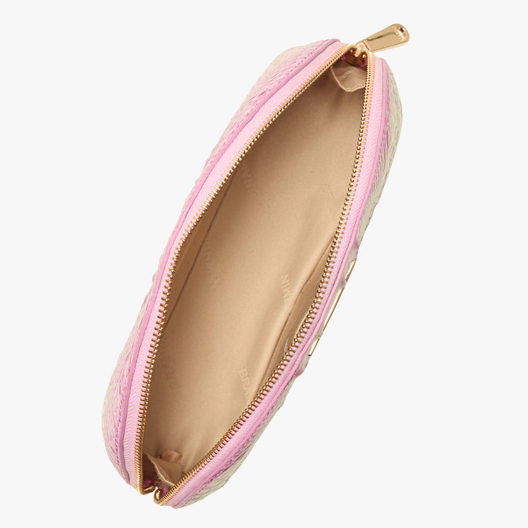 Brahmin pink zippered pouch with gold zipper, shown open from above on a white background. Features a beige interior, spacious single compartment, and clean silhouette. No strap visible.