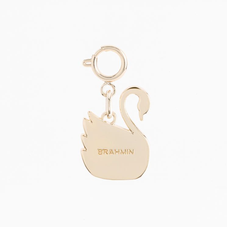 Brahmin Small Swan bag charm in gold-tone metal, featuring a circular spring ring clasp and engraved logo detail.