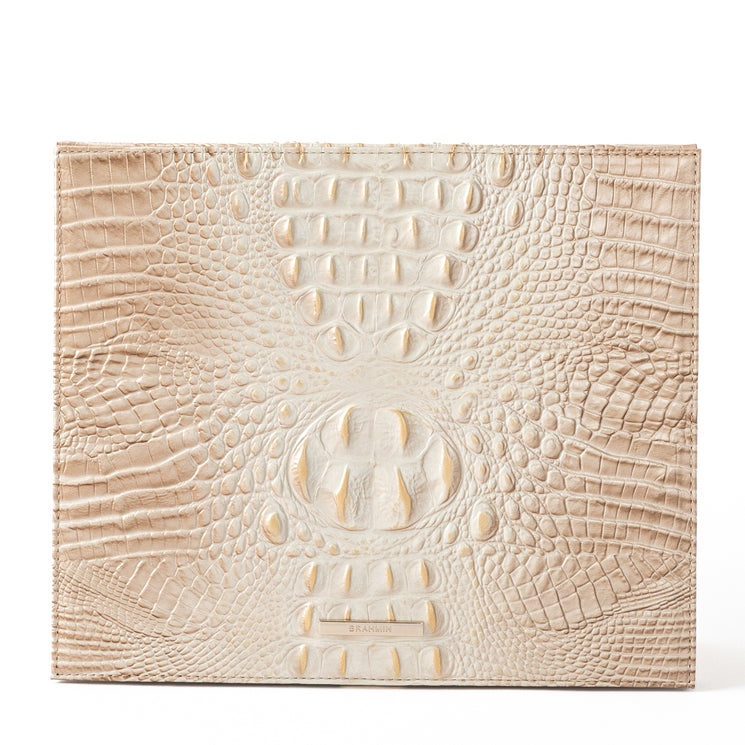 BRAHMIN Large Box beige clutch featuring a crocodile-embossed symmetrical pattern, structured rectangular silhouette, straight edges, and subtle sheen, shown against a white background.