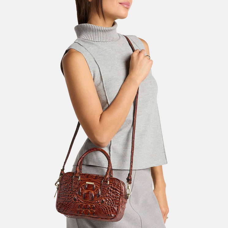 Pecan Melbourne Mara Satchel Being Held By Worn by Model as a Crossbody