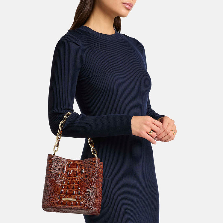 Pecan Melbourne Mini Mod Amelia Crossbody Being Worn by Model as on her arm