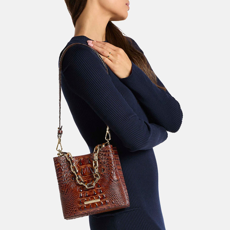 Pecan Melbourne Mini Mod Amelia Crossbody Being Worn by Model as a Shoulder Bag