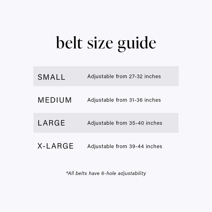 Belt Sizing Guide - Small is adjustable 27-32 inches, Medium is adjustable  31-26 inches, Large is adjustable 35-40 inches and Extra Large is adjustable 39-44 inches 