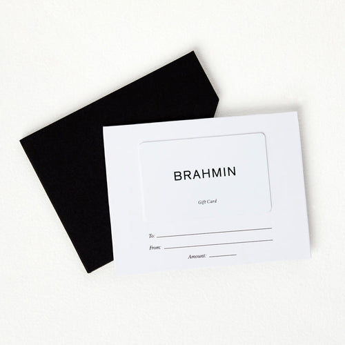 Brahmin gift card in elegant black envelope, perfect for handbags, wallets, and designer leather goods.