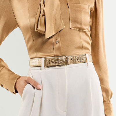 Model Wearing Croc Belt in Gold Classic Croc