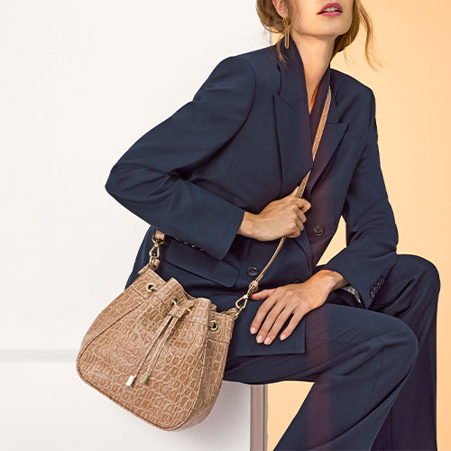 Timeless Taupe Bayem Melinda Bucket Bag on model