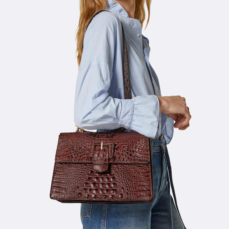 Pecan Melbourne Hallie Satchel Being Worn By Model Over the Shoulder
