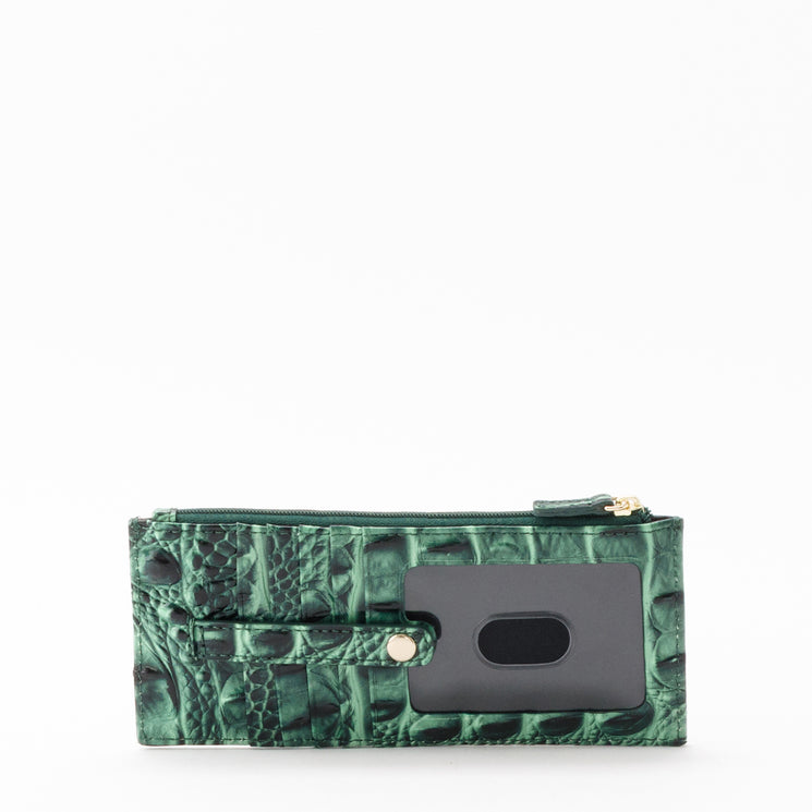 Forest green, croc-embossed leather BRAHMIN credit card wallet featuring a clear ID window and a snap-closure strap.