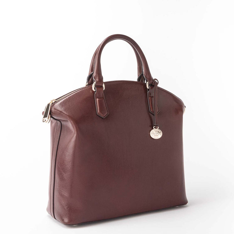 BRAHMIN Large Duxbury Satchel in brown leather with two handles, gold zipper, round gold charm, optional shoulder strap, and textured finish on a white background. Structured silhouette shown from front view.
