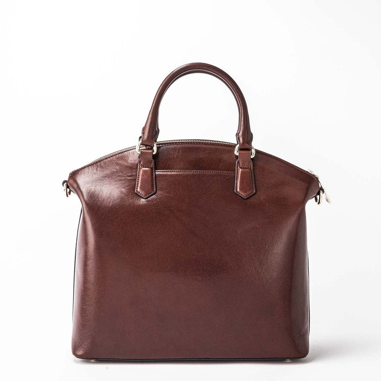BRAHMIN Large Duxbury Satchel: brown leather, structured, dual handles, gold-tone hardware, zip closure, minimal details, detachable strap. Shown upright on white background.