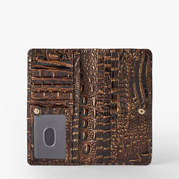 A brown embossed crocodile-pattern wallet shown open against a light gray background, featuring multiple card slots, a central pocket, and a gray card holder.