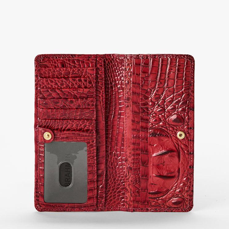 Volcanic Red Melbourne croc textured wallet on a light gray background. Ady Wallet open view.