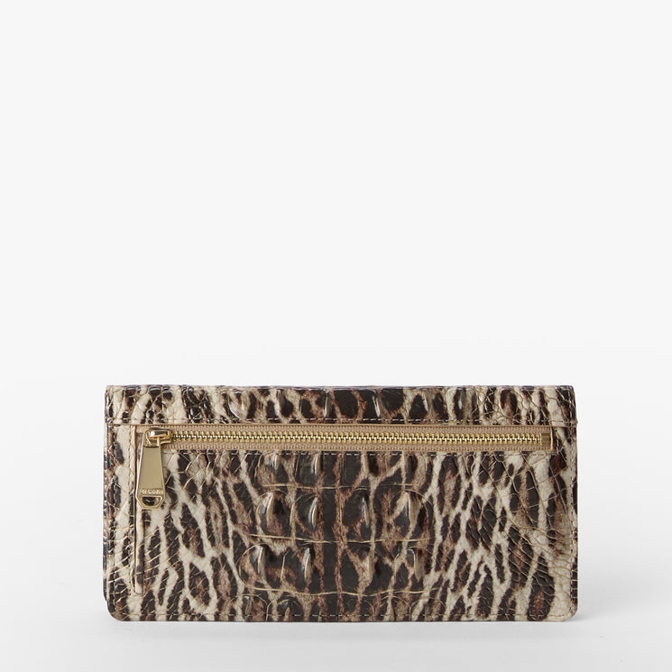 Leopard print wallet with a gold clasp on a white background. Ady Wallet back view.
