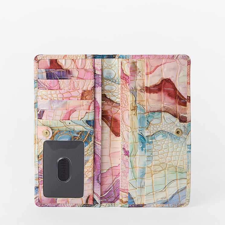 Marbled patterned wallet on a white background. Ady Wallet open view.