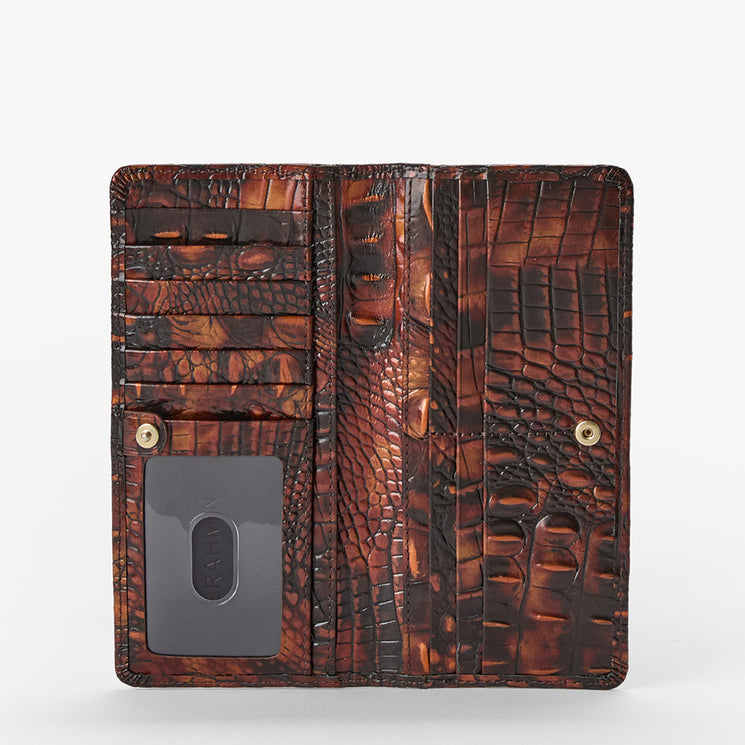An open brown embossed leather wallet with a crocodile or alligator skin pattern, featuring multiple card slots, an ID window, and gold-tone snap buttons, shown against a plain white background.