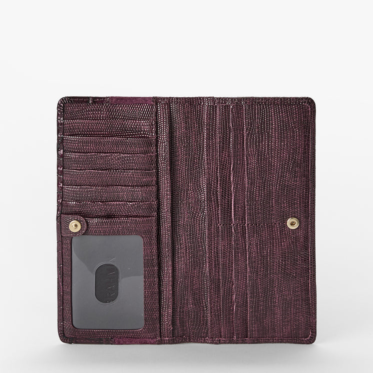 A dark purple textured leather wallet shown open against a light gray background, featuring card slots, a vertical slip pocket, and a clear ID window with a gold snap button.