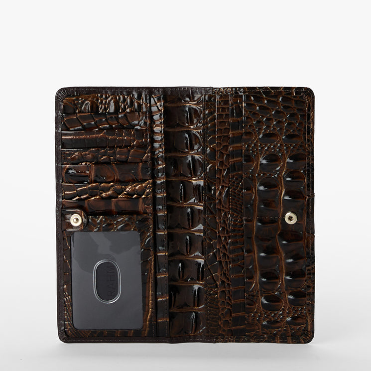 A dark brown crocodile-embossed leather wallet shown open against a light gray background, featuring card slots, a black card holder, and two small gold-tone rivets.