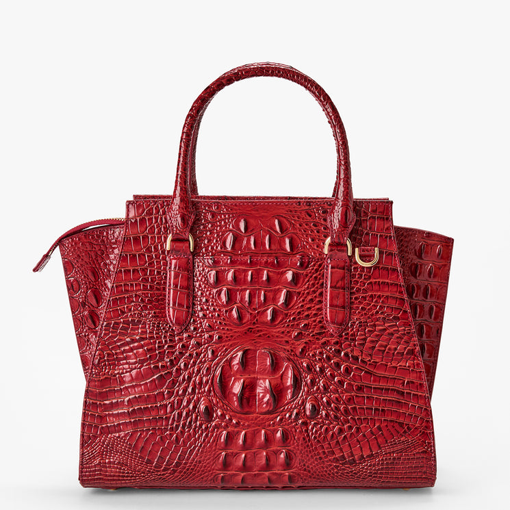 Volcanic Red Melbourne croc textured handbag on a light gray background. Priscilla Satchel back view.