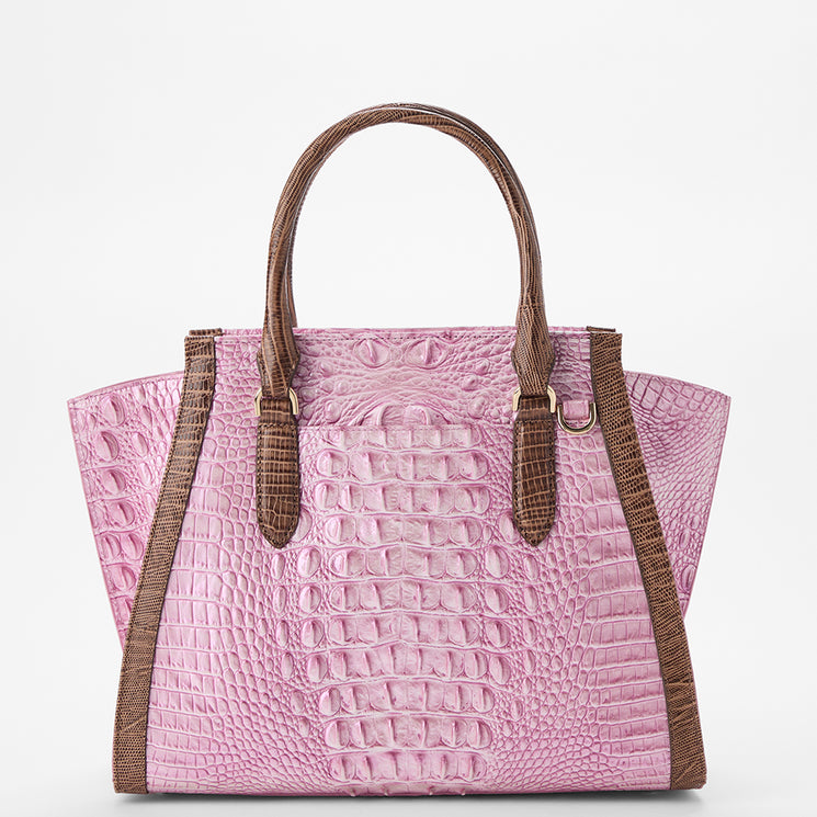 Brahmin structured handbag in pink with embossed texture, brown top handles and trim, gold hardware, and classic silhouette. Bag shown against a white background; exterior details visible, interior not shown.